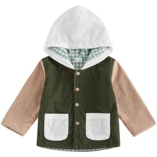 Toddler Baby Boy Girl Hooded Jacket Corduroy Button Down Patchwork Color Block Outwear Casual Fall Winter Outfit