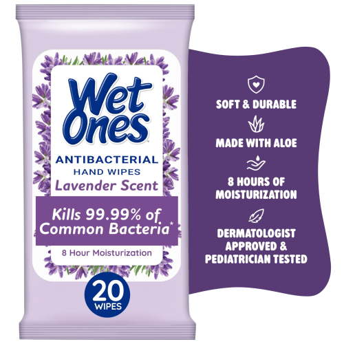 Wet Ones Antibacterial Hand Wipes, Lavender Floral Scent, 20 Ct Travel Pouch, 8 Hour Moisturization