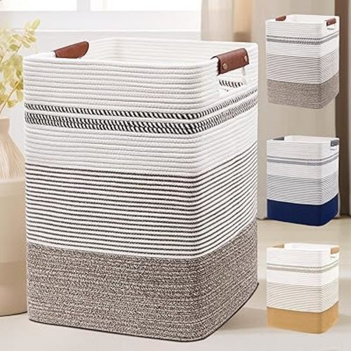 Laundry Basket - 85L Large Cotton Rope Blanket Basket with Leather Handles, Decorative Storage Hamper, Clothes Hamper for Living Room, Bedroom, Rice Brown & White