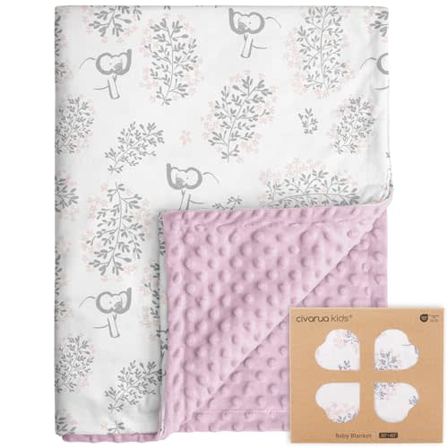 CIVARUA KIDS Baby Blankets for Girls Soft Plush Nursery Minky Blanket Neutral with Print Pink Forest Elephant and Cozy Raised Dotted Fleece Backing, 30 x 40 Inch Double Layer Bed Throws