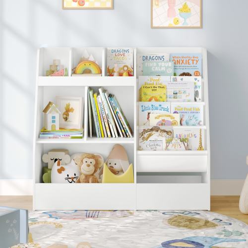 An open children's bookcase that can store books and toys