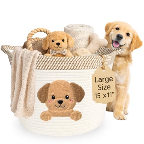 Golden Retriever/Labrador Dog Toy Basket, 15x11 Inch Woven Cotton Rope Storage Bin with Puppy Patch, Large Pet Organizer for Toys, Blankets, Leashes, Living Room Decor (Beige/White)