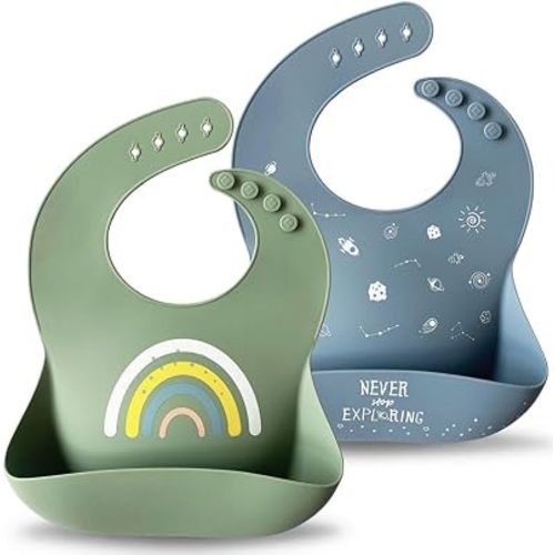 Moonkie Silicone Baby Bibs Set of 2, BPA Free Waterproof Baby Bibs for Eating, Soft Adjustable Silicone Bibs for Babies 6-12 Months, Toddler Bibs with Large Pocket Food Catcher (Tradewinds/Sage)
