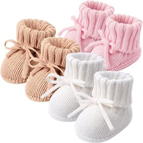 Evervibe 3 Pair 100% Cotton Knitted Baby Booties Newborn