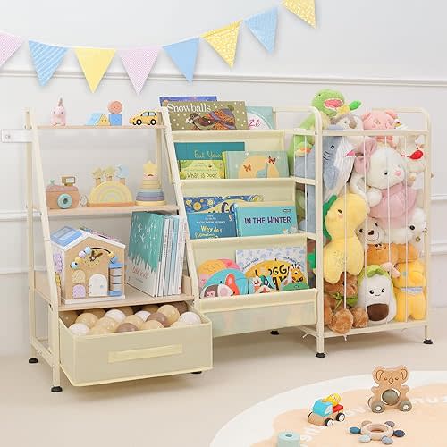 Fabuday Kids Bookshelf and Toy Storage Organizer - 4 Tiers Large Toddler Baby Sling Book Shelves for Kids Room with Stuffed Animal Storage, 3 Tier Montessori Childrens Bookcase for Nursery, Playroom