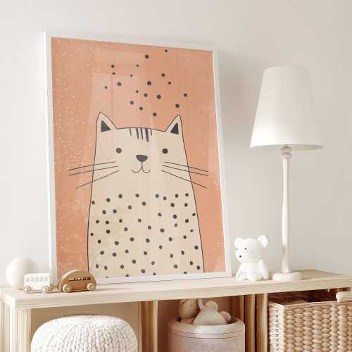 Nursery Cat Wall Art, Cute Cat Print, Colorful Cat Printable Poster, Kids Room Print, Peach Dots Kitten Nursery Decor, Animal Baby Room Art