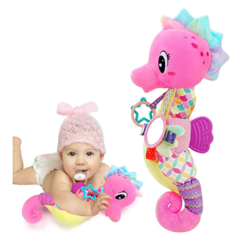 Baby Sensory Toys 0-6 3-6 Months Musical Stuffed Animal Plush Pink Seahorse for Infant 6-12 Month Tummy Time with Baby Mirror Newborn Crinkle Developmental Toy Girls Boys Birthday Gifts 0-3 4 5 Month