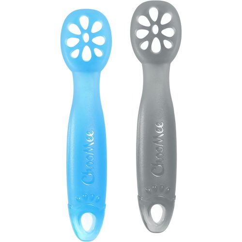 ChooMee FlexiDip Silicone Baby Learning Utensil | 4 Months + Baby Led Weaning | Flat Head Spoon with Firm Handle | Designed in USA, BPA Free, Premium Grade Platinum Silicone | 2 CT Blue Gray