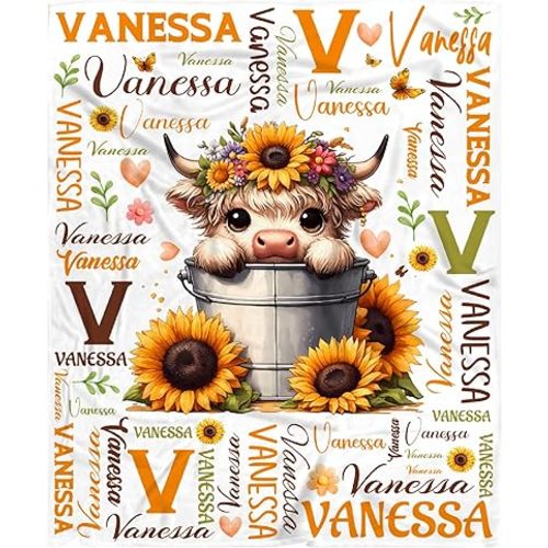 Cute Highland Cow Custom Baby Blanket - Personalized Sunflower Highland Cow Gifts with Name - Sunflower Butterfly Animals Flannel Throws Sheet Decor for Boys Girls Toddler Newborn Crib Nap - 30" X 40"