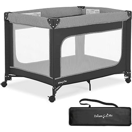 Dream On Me EZGo Portable Playard, Tool-Free Assembly, Easy One-Step Fold, Breathable Mesh Sides, Removable Mattress Pad & Smooth Locking Wheels, Travel Carry Bag Included – Black & White