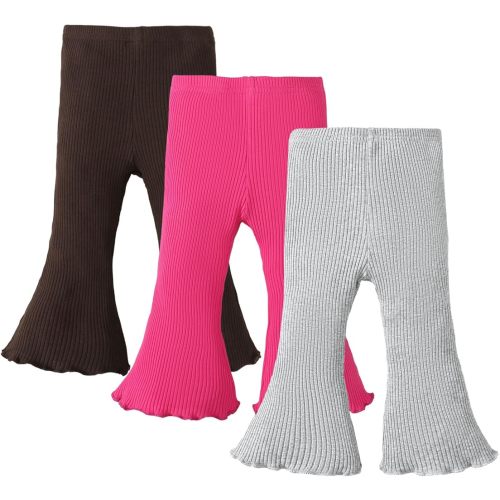 SOBOWO Baby Girl Flare Pants 3 Pack Toddler Solid Ribbed Ruffle Bell Bottoms Pants Trousers Fall Outfits