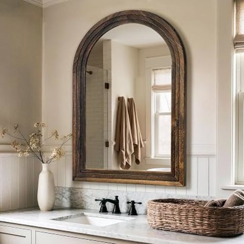 TRAHOME Arched Bathroom Mirror, 38"x26" Brown Wood Frame Wall Mirror, Farmhouse Vintage Vanity Mirror with Layered Frame for Entryway, Living Room, Bedroom