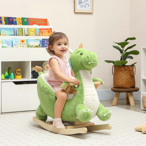 Qaba Baby Rocking Horse, Ride Dragon, Kids Ride On Toy with Realistic Dragon Roar and Safety Belt, Plush Animal Rocker for Kids, Green