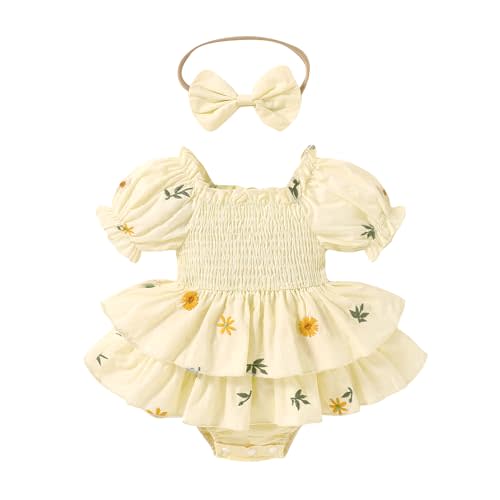 Happy Town Baby Girl Clothes Infant Summer Romper Dress Ruffle Short Sleeve Jumpsuit with Headband Cute Toddler Outfits