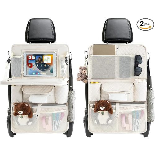 Car Backseat Organizers 2 Pack with Foldable Trays - PU Leather Back Seat Organizers with 11 Storage Pockets, Tablet Holders, Seat Back Protectors for Kids Family Travel Accessories (Beige)