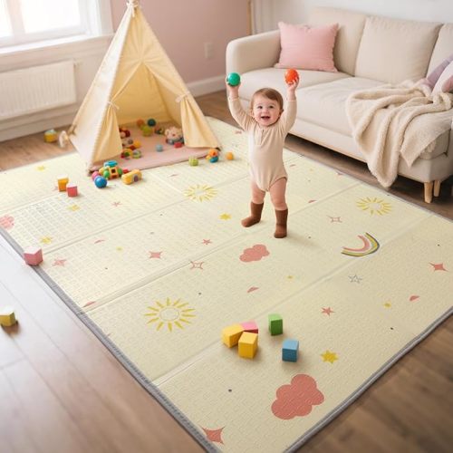 Extra Large Foldable Play Mat, 71"x59" Reversible Baby Play Mat with Edge Reinforcement, Non-Toxic & Waterproof Baby for Floor, Foam Playmat with Travel Bag, Rainbow, Cloud & Moon