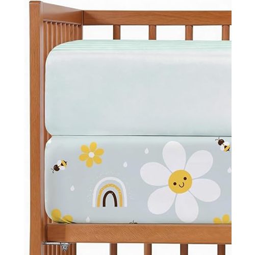 Baby Crib Sheets for Boys & Girls - Pack of 2 Fitted Microfiber Crib Sheets for Standard Crib & Toddler Mattress - Breathable & Wrinkle Free - Machine Washable, Oeko Tex - 52x28x8in - Rainbow Bloom