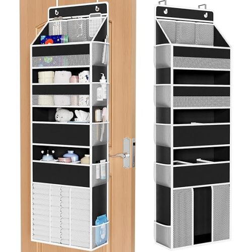 WISELIFE Over the Door Organizer for Hanging - 50LB Heavy-Duty Back of Door Organizer with 5 Spacious Pockets & 13 Mesh Pockets, Multipurpose Storage for Nursery, Bedroom, Closet (1 Pack, Black)