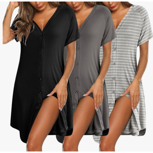Ekouaer 3 Pack Women's Nightshirt Button Down Nightgown Short Sleeve Sleepshirt V Neck Pajama Dress with Pockets