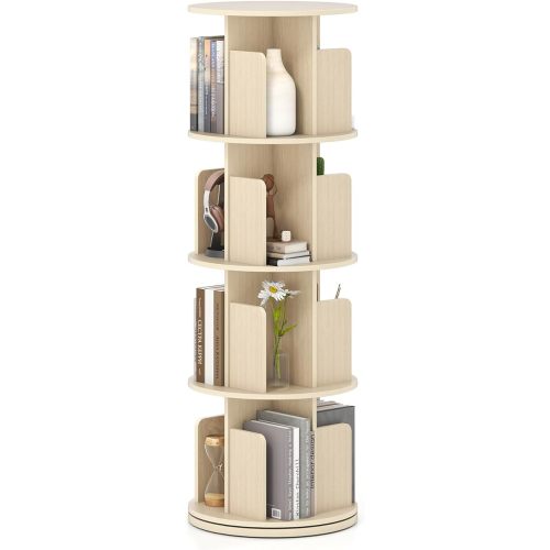 Giantex 4-Tier Rotating Bookshelf, 360° Display Rack w/Dividers & Anti-Falling Baffles, Multifunctional Narrow Floor Standing Bookcase, Book Storage Organizer for Living Room Bedroom, Natural