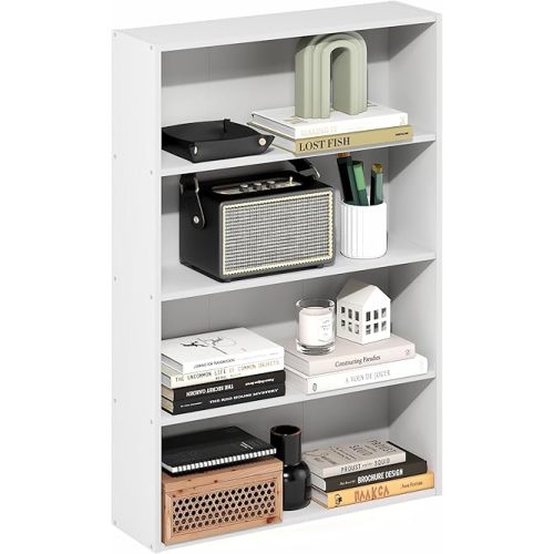 Furinno Basic Book Shelf, 4-Tier Bookcase with Open Shelf, Bookshelf, Cube Storage Organizer, 6 x 24 x 35, for Living Room, Bedroom, Home Office, White