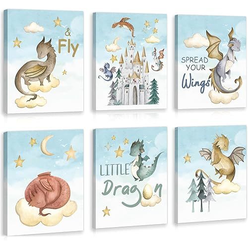CHDITB Little Dragon Wall Art, Spread Your Wings Framed Canvas Wall Art Set, Fantasy Dragon Decor, Magical Castle Painting, Inspiring Quote Art Prints for Kids Room Nursery Decor(12X16 Inch)