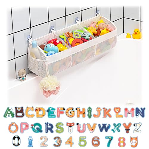 Austion Original Mesh Bath Toy Storage, Large Capacity Bath Tub Toy Holder with 3 Compartments, Bath Toy Organizer for Easy Access to Toys, Bonus 36 ABC Soft Foam Letters and Numbers