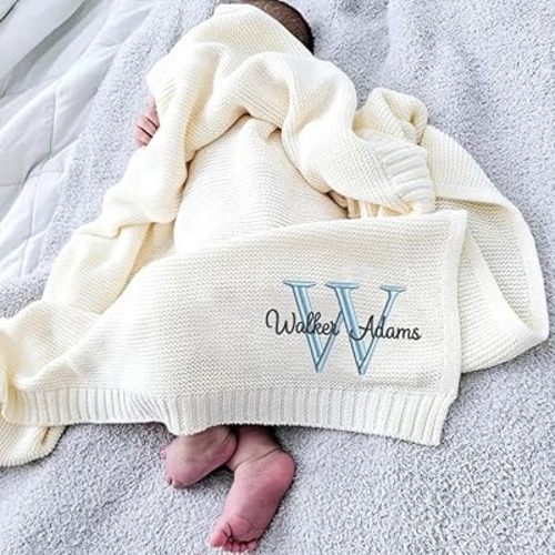 Luxury Personalized Knit Embroidered Baby Name Blanket Custom Embroidered Monogrammed Cotton Nursery Blanket Gifts for Newborn Baby Boy and Girl Newborn Holiday Shower Gift Cotton Knit Stroller 6