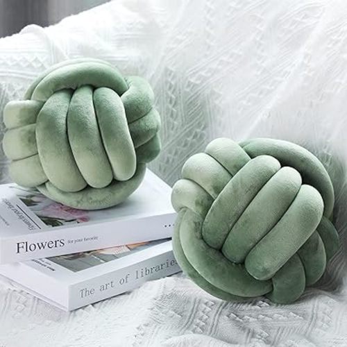 Namalu 2 Pcs Soft Knot Pillow Ball, Decorative Round Throw Knotted Pillows Cushion, Handmade Stuffed Ball Pillows for Christmas Winter Bedroom Sofa Couch Home Decor(10.6 Inches,Dark Green)