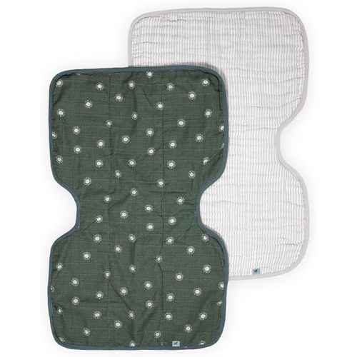Little Unicorn 100% Certified Natural Organic Cotton Burp Cloth 2 Pack | Ultra-Absorbent & Soft Muslin Fabric | Larger Size & Ergonomic Design (Sage Suns + Sand Stripe)