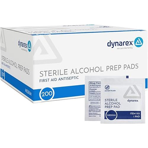 Dynarex DynaSafety Sterile Alcohol Prep Pads - Medium - 70% Isopropyl Alcohol, Individually Wrapped, Soft Cleaning Wipes - 200 per Box