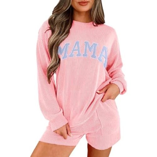 Womens Ribbed Pajama Sets Long Sleeve Top and Shorts Matching Lounge Set Loungewear Sweatsuit with Pockets