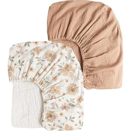Konssy Muslin Crib Sheets 2 PCS 100% Cotton Baby Crib Sheets for Standard Crib Mattress (28" x 52"), Soft and Breathable for Boys, Girls (Toffee, Flourish)