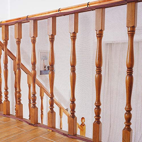 Baby Gates for Stairs with Banister, Guard Safety Net for Baby, 10ft x 3ft Stair Railing Mesh Barrier for Kids, Cats, Dogs, Child Safety Rail Guard - Dark Brown