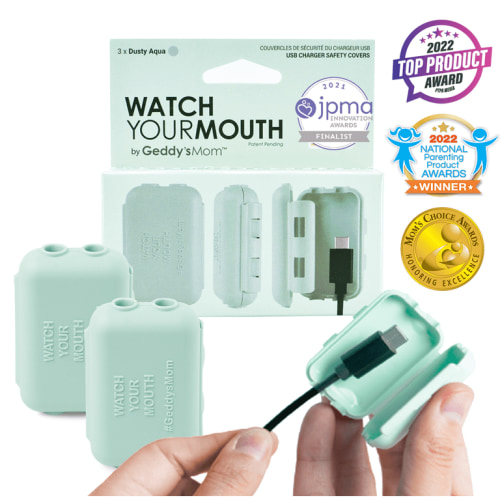 Geddy's Mom Watch Your Mouth, Baby Proofing USB Charger Safety Cover, Award Winning, DUSTY AQUA 3 Pack