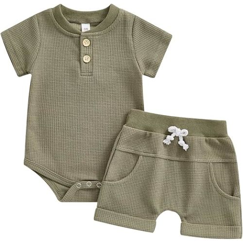 Kuriozud Newborn Baby Boy Summer Clothes Button Short Sleeve Romper Bodysuit Shorts Set Infant Soft Waffle Outfit