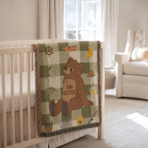 Personalized Teddy Bear Woven Baby Blanket, Custom Name Baby Boy Blanket, Vintage Nursery Decor, Newborn Keepsake, Baby Shower Gift
