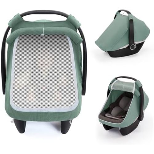 Blissful Diary Muslin Baby Car Seat Cover, Infant Canopy, Roman Green