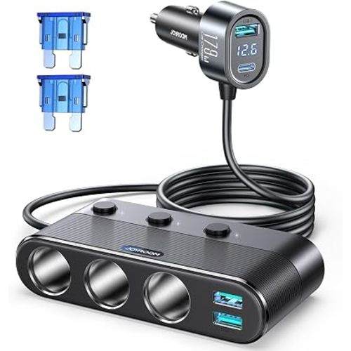 [2026 Upgraded] 7 in 1 Cigarette Lighter Adapter, JOYROOM 179W Car Charger Adapter with PD30W Charge(3.3FT Cable), 24V/ 12V Cigarette Lighter Splitter with Independent Switches & LED Voltage Display