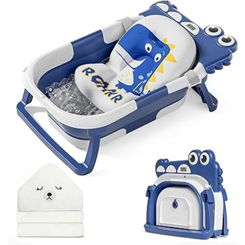 MoreFeel Collapsible Baby Bathtub for Newborn with Thermometer & 1 Hooded Towel & 1 Soft Floating Cushion,Portable Travel Bathtub with Drain Hole, Durable Foldable Baby Tubs for Infants to Toddler