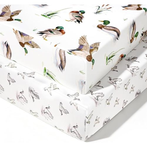 Baby Crib Sheets for Boys 2 Pack, Mallard Duck Toddler Bed Sheets Neutral, Extra Breathable, Soft, Stretchy Microfiber, 28"x 52" Fitted Sheet for Standard Crib & Toddler Mattress (White)