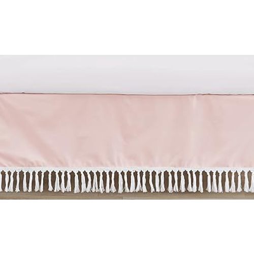 Sweet Jojo Designs Pink Boho Bohemian Girl Baby Crib Bed Skirt Nursery Dust Ruffle - Solid Color Blush Pink and White Farmhouse Chic Minimalist Tassel Fringe Macrame Textured
