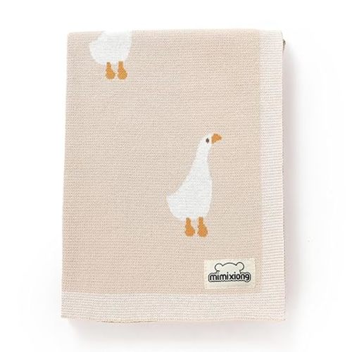 mimixiong Baby Blanket Knit Receiving Boys Girls Blanket Soft Cotton Neutral Blanke for Swaddle Crib Stroller with Cute Goose Beige 30x40 Inch