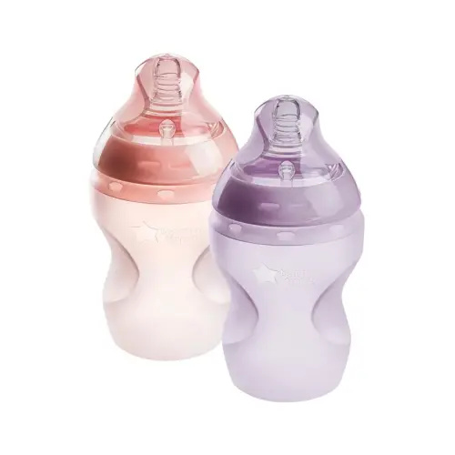 Tommee Tippee Natural Start Anti Colic BPA Free Silicone Baby Bottles, 9oz, Newborn 0+ Months, Silicone Feels Like Mother's Skin, Slow Flow Breast-Like Teat, Pink and Purple, Pack of 2