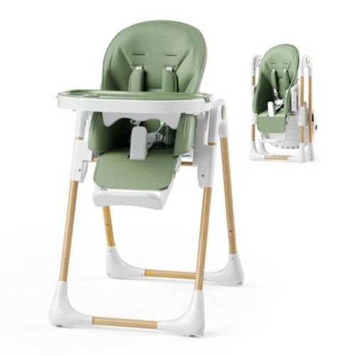 TODECARE Foldable High Chair with Soft Cushion, Height Adjustable Toddler Eating Chair with Detachable Double Trays Wood Grain, Green