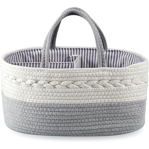 PandaEar Baby Diaper Caddy Organizer for Boys Girls, Portable Baby Diaper Basket, Travel Cotton Rope Diaper Caddy Change Organizer for Baby Shower Gifts Newborn Infants