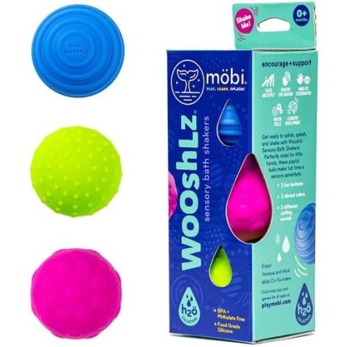 Mobi Wooshlz Bath Shakers, Sensory Bath Balls for Toddlers, BPA-Free Silicone Baby Ball, Infant & Babies Bathtub Fun Toy with Rattle Sounds & Textures (3 Pack)