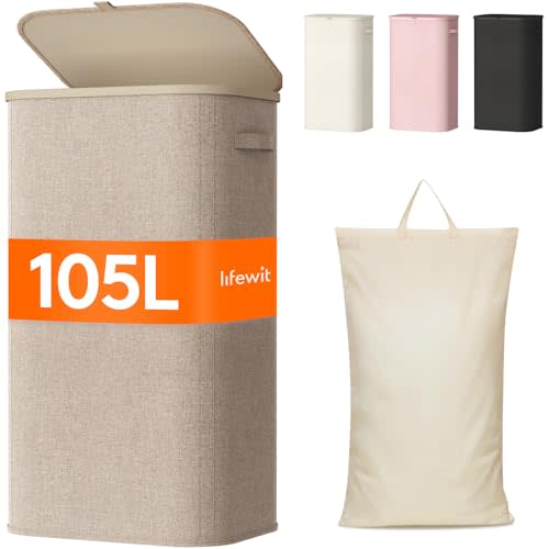 Lifewit 105L Laundry Basket with Lid, Large Laundry Hamper with Plastic Handles and Removable Bag, Foldable Tall Dirty Clothes Hampers for Laundry for Laundry Room, Bedroom, Bathroom, Dorm, Beige