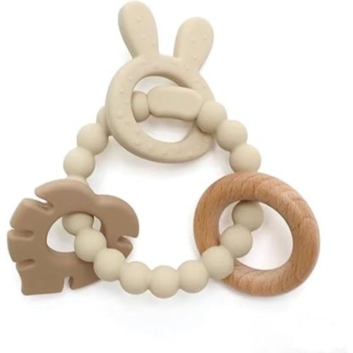 | Bohemian Teether | Baby Teether | Sensory Exploration and Teething Relief | 100% Food-Grade Silicone Teether Toy | BPA Free | Chewbeads | Silicone with Beechwood Ring | (Tan)