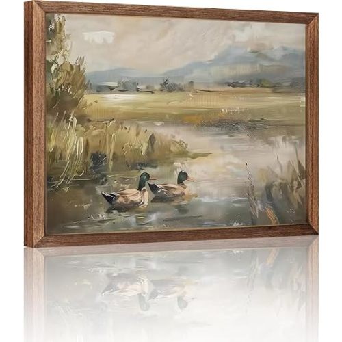 MQjopna Vintage Duck Wall Art Gifts Countryside Art Wildlife Nature Wall Decor, Hunting Room Home Decor, Nature Vintage Duck Decor for Living Room Bedroom Office Rustic Decor 8x10 Wood Framed